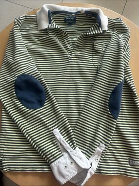 Gant Green & Navy Striped Long-Sleeve Polo with Elbow Patches